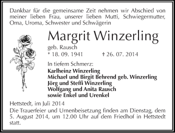 Traueranzeige von Margrit Winzerling von Mitteldeutsche Zeitung Mansfelder Land