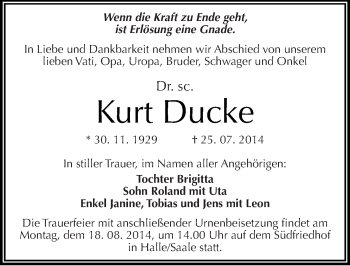 Traueranzeige von Kurt Ducke von Mitteldeutsche Zeitung Halle/Saalkreis