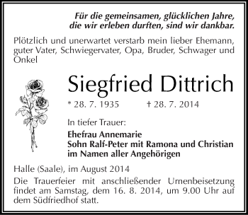 Traueranzeige von Siegfried Dittrich von Mitteldeutsche Zeitung Halle/Saalkreis