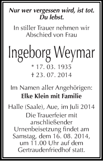 Traueranzeige von Ingeborg Weymar von Mitteldeutsche Zeitung Halle/Saalkreis