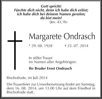Traueranzeige von Margarete Ondrasch von Mitteldeutsche Zeitung Mansfelder Land