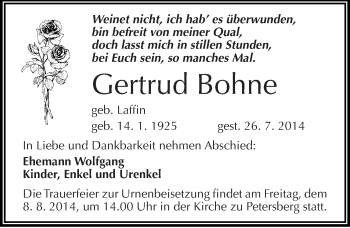 Traueranzeige von Gertrud Bohne von Mitteldeutsche Zeitung Halle/Saalkreis