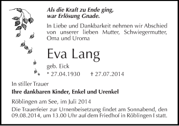 Traueranzeige von Eva Lang von Mitteldeutsche Zeitung Mansfelder Land