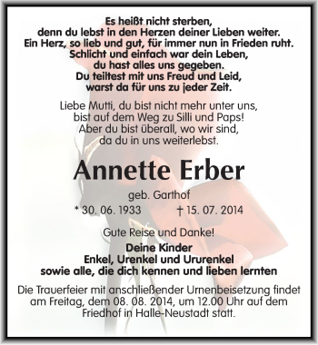 Traueranzeige von Annette Erber von Mitteldeutsche Zeitung Halle/Saalkreis
