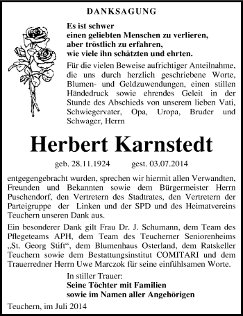 Traueranzeige von Herbert Karnstedt von Mitteldeutsche Zeitung Weißenfels