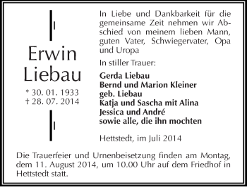 Traueranzeige von Erwin Liebau von Mitteldeutsche Zeitung Mansfelder Land
