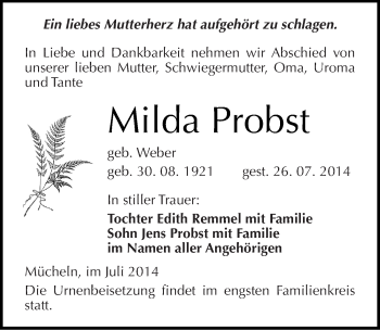 Traueranzeige von MiIda Probst von Mitteldeutsche Zeitung Merseburg/Querfurt