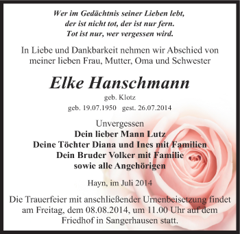 Traueranzeige von Elke Hanschmann von Mitteldeutsche Zeitung Sangerhausen