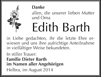 Traueranzeige von Edith Barth von Mitteldeutsche Zeitung Mansfelder Land