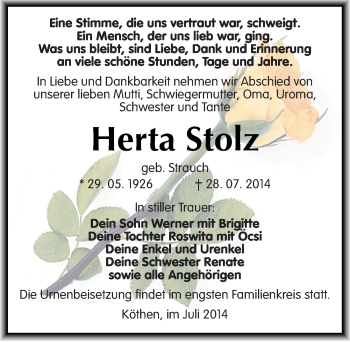 Traueranzeige von Herta Stolz von Mitteldeutsche Zeitung Köthen