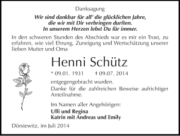 Traueranzeige von Henni Schütz von Mitteldeutsche Zeitung Merseburg/Querfurt