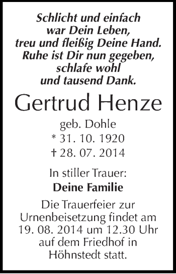 Traueranzeige von Gertrud Henze von Mitteldeutsche Zeitung Halle/Saalkreis