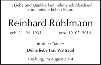 Traueranzeige von Reinhard Rühlmann von Mitteldeutsche Zeitung Naumburg/Nebra