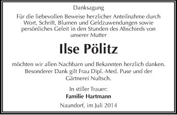 Traueranzeige von Ilse Pölitz von Mitteldeutsche Zeitung Halle/Saalkreis