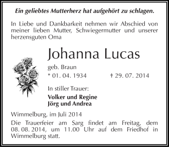 Traueranzeige von Johanna Lucas von Mitteldeutsche Zeitung Mansfelder Land