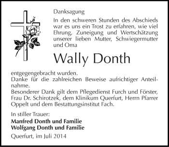 Traueranzeige von Wally Donth von Mitteldeutsche Zeitung Merseburg/Querfurt