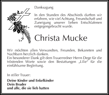 Traueranzeige von Christa Mucke von Mitteldeutsche Zeitung Dessau-Roßlau