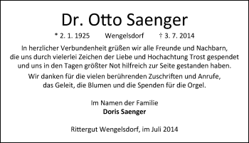Traueranzeige von Otto Saenger von Mitteldeutsche Zeitung Weißenfels