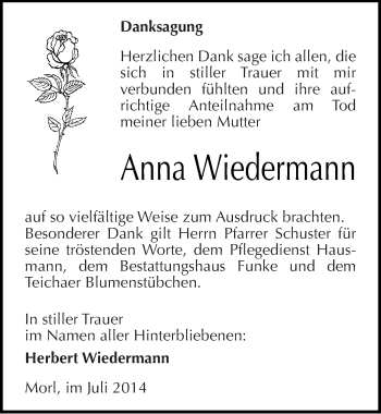 Traueranzeige von Anna Wiedermann von Mitteldeutsche Zeitung Halle/Saalkreis