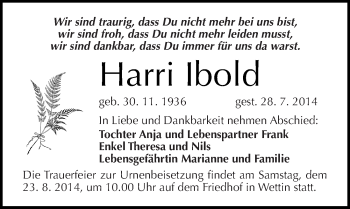 Traueranzeige von Harri lbold von Mitteldeutsche Zeitung Halle/Saalkreis