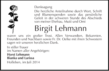 Traueranzeige von Birgit Lehmann von Mitteldeutsche Zeitung Halle/Saalkreis