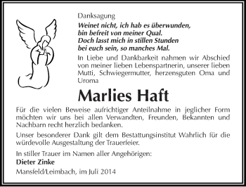 Traueranzeige von Marlies Haft von Mitteldeutsche Zeitung Mansfelder Land