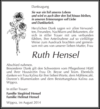 Traueranzeige von Ruth Hensel von Mitteldeutsche Zeitung Mansfelder Land