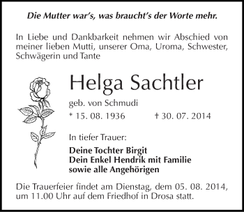 Traueranzeige von Helga Sachtler von Mitteldeutsche Zeitung Köthen
