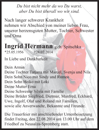 Traueranzeige von Ingrid Hermann von Mitteldeutsche Zeitung Weißenfels