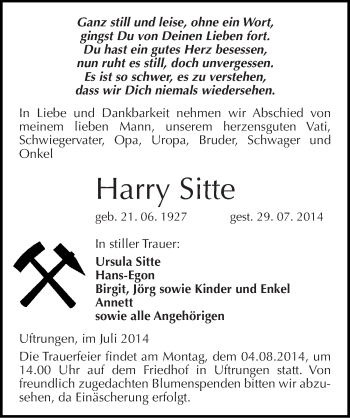 Traueranzeige von Harry Sitte von Mitteldeutsche Zeitung Sangerhausen