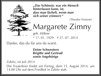 Traueranzeige von Margarete Zimny von Mitteldeutsche Zeitung Köthen