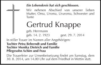 Traueranzeige von Gertrud Knappe von Mitteldeutsche Zeitung Halle/Saalkreis