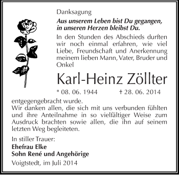 Traueranzeige von Karl-Heinz Zöllter von Mitteldeutsche Zeitung Sangerhausen