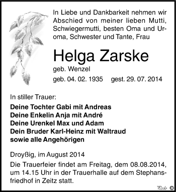 Traueranzeige von Helga Zarske von Mitteldeutsche Zeitung Zeitz