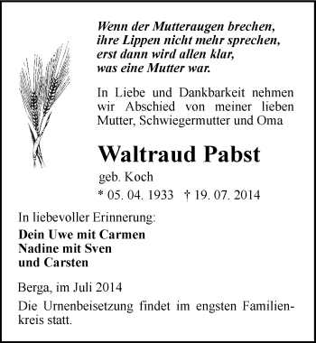 Traueranzeige von Waltraud Pabst von Mitteldeutsche Zeitung Sangerhausen