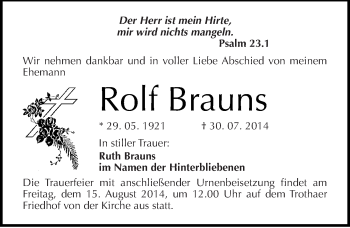 Traueranzeige von Rolf Brauns von Mitteldeutsche Zeitung Halle/Saalkreis