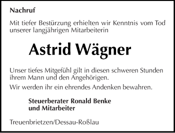 Traueranzeige von Astrid Wägner von Mitteldeutsche Zeitung Wittenberg