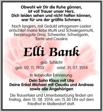 Traueranzeige von Effi Bank von Mitteldeutsche Zeitung Köthen