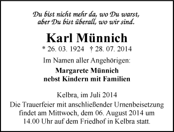 Traueranzeige von Karl Münnich von Mitteldeutsche Zeitung Sangerhausen