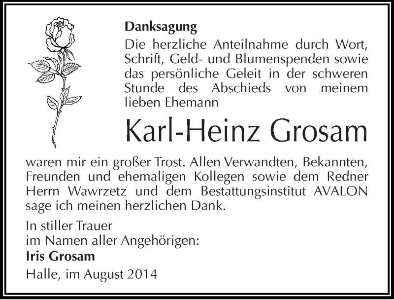  Traueranzeige für Karl-Heinz Grosam vom 09.08.2014 aus Mitteldeutsche Zeitung Halle/Saalkreis