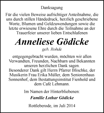 Traueranzeige von Anneliese Gödicke von Mitteldeutsche Zeitung Sangerhausen