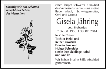 Traueranzeige von Gisela  Jähring von Mitteldeutsche Zeitung Dessau-Roßlau