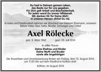 Traueranzeige von Axel Rölecke von Mitteldeutsche Zeitung Köthen