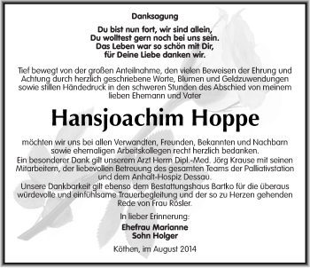 Traueranzeige von Hansjoachim Hoppe von Mitteldeutsche Zeitung Köthen