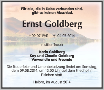 Traueranzeige von Ernst Goldberg von Mitteldeutsche Zeitung Mansfelder Land