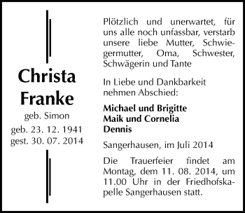 Traueranzeige von Christa Franke von Mitteldeutsche Zeitung Sangerhausen