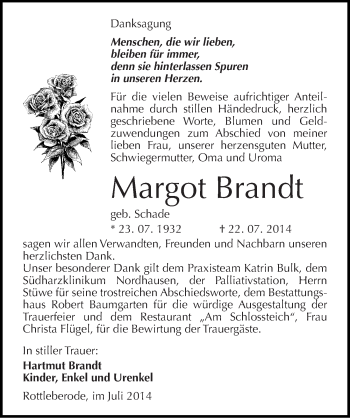 Traueranzeige von Margot Brandt von Mitteldeutsche Zeitung Sangerhausen