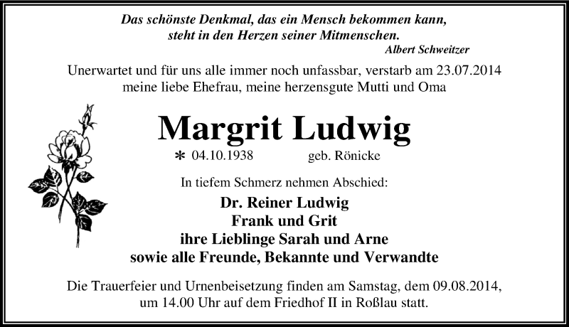  Traueranzeige für Margrit Ludwig vom 02.08.2014 aus Mitteldeutsche Zeitung Dessau-Roßlau