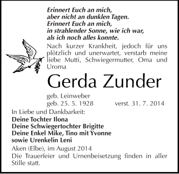 Traueranzeige von Gerda Zunder von Mitteldeutsche Zeitung Köthen