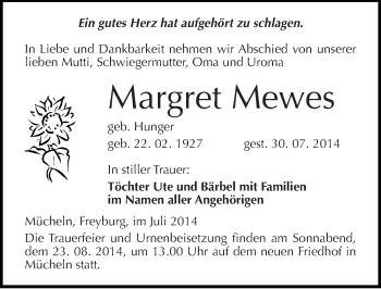 Traueranzeige von Margret Mewes von Mitteldeutsche Zeitung Merseburg/Querfurt